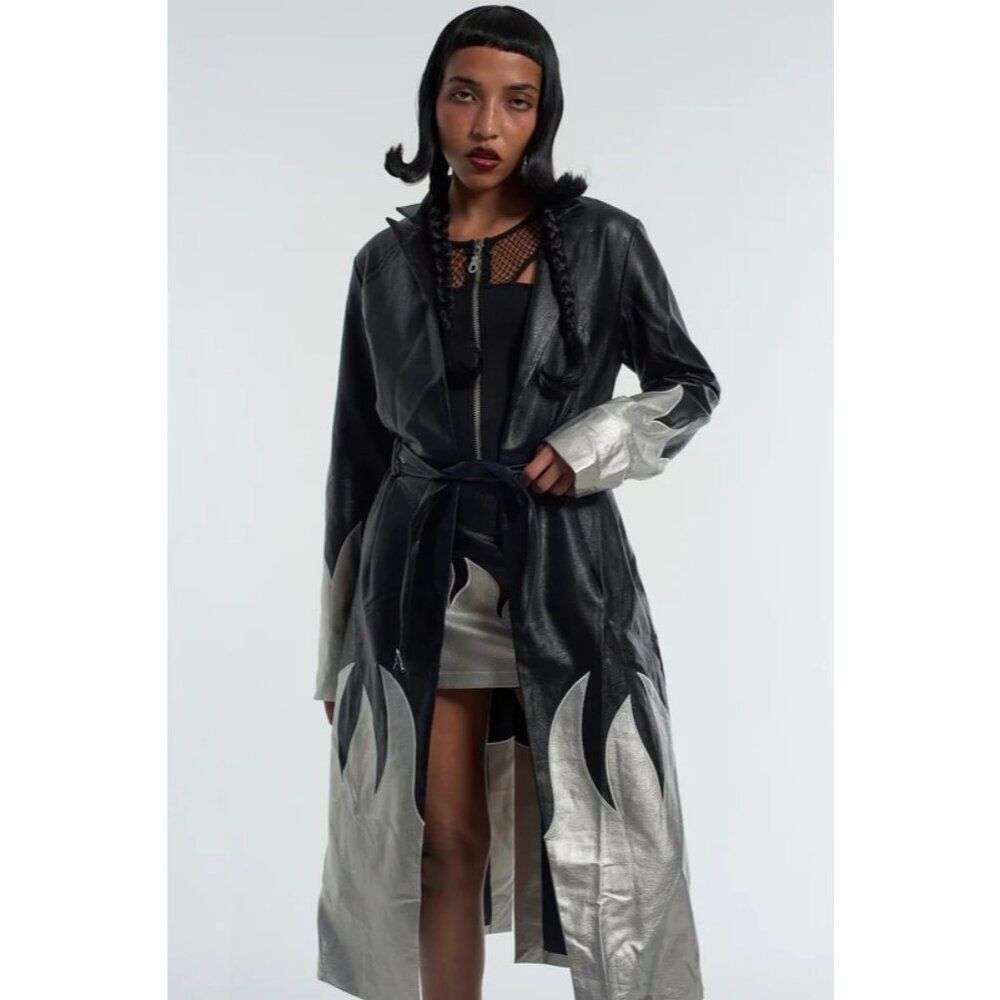 THE RAGGED PRIEST Immortal Coat 16 Silver Flames Faux Leather Trench Mall Goth - Picture 6 of 12